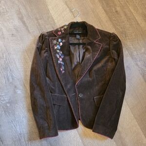 Moda International Brown Velvet Floral Embroidered Blazer Sz 6